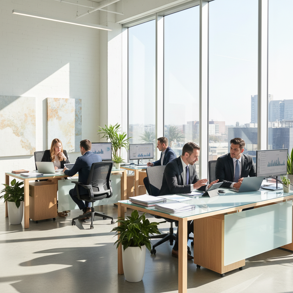 Professional financial advisor consulting with clients in modern office setting, representing FundedStrong Bank's personalized banking approach
